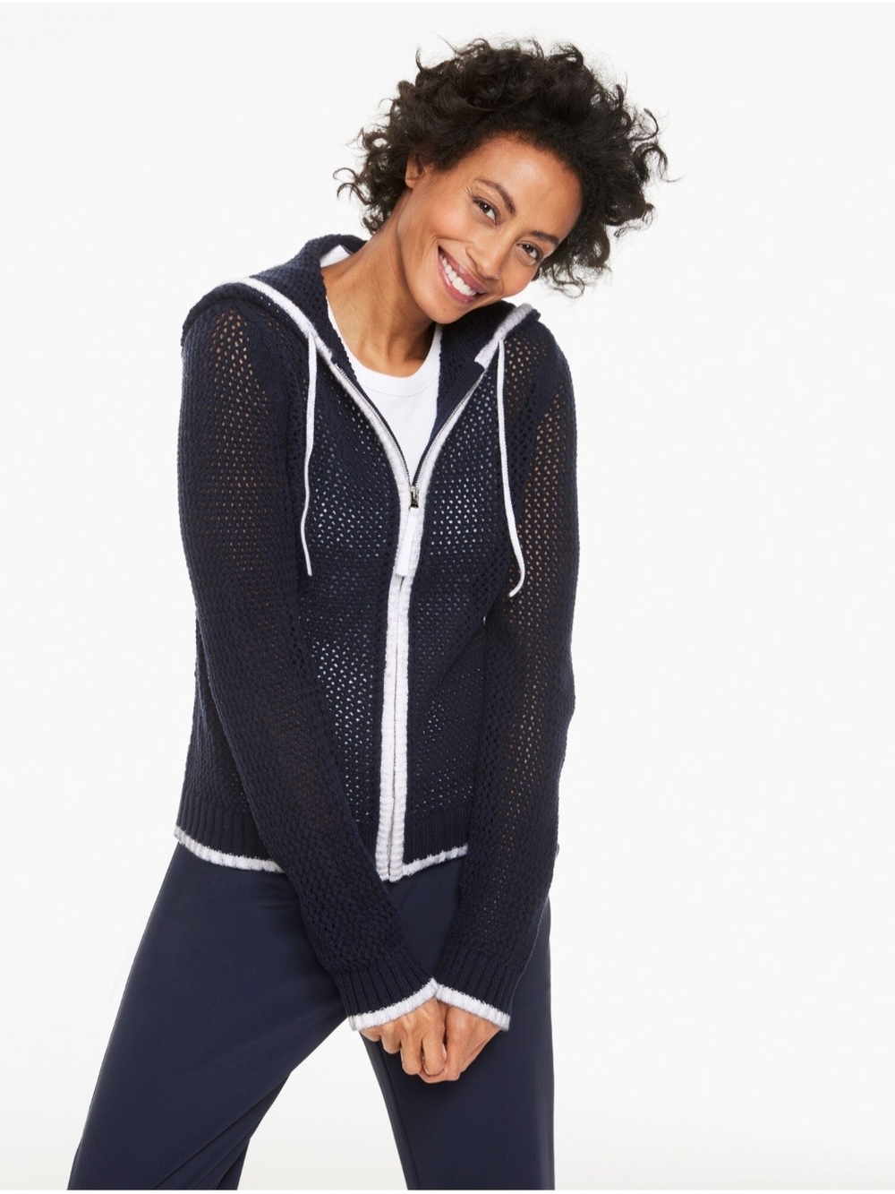 NWT Talbots Open Stitch Full Zip Hooded Sweater Indigo 3XP